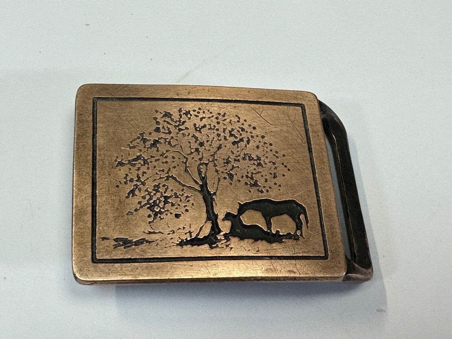 TWO HORSES - under tree  TECH-ETHER GUILD ART Hippy  solid brass belt buckle