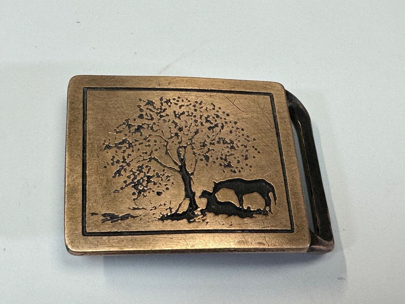 TWO HORSES - under tree  TECH-ETHER GUILD ART Hippy  solid brass belt buckle