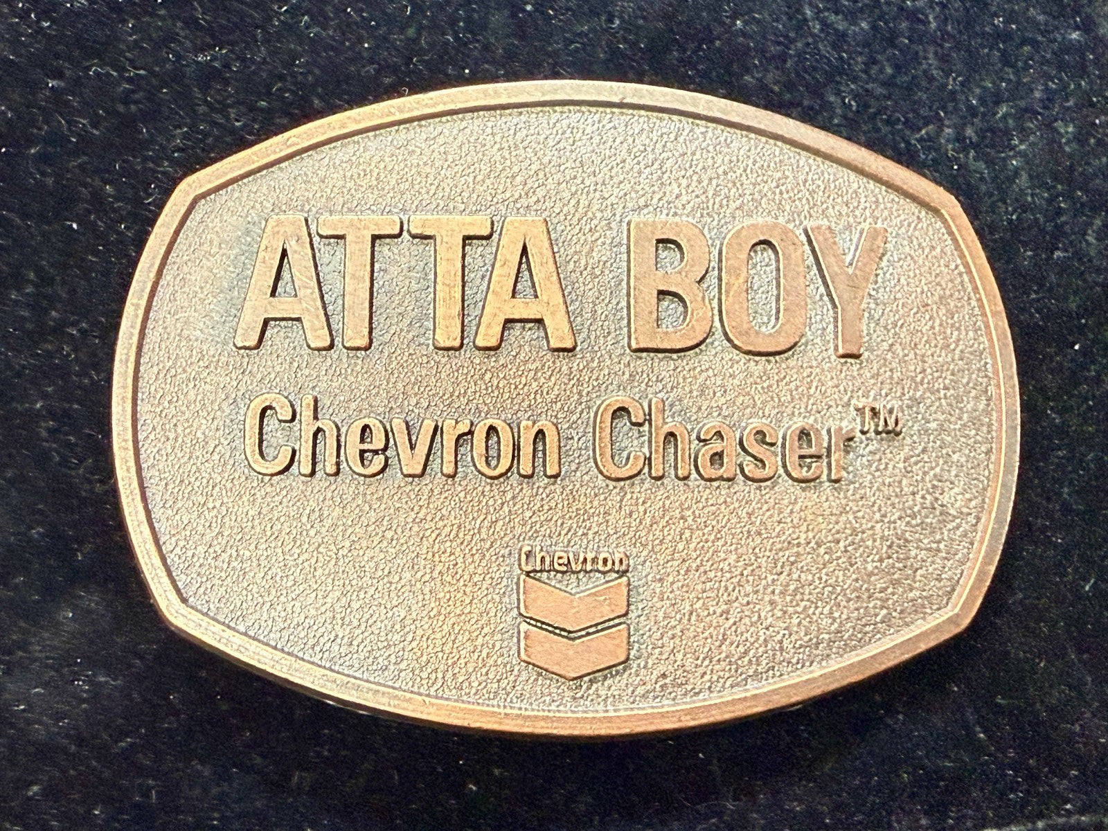 ATTA BOY Chevron Chaser Fuel Oil Mine Industry Rough Neck NOS Vtg. Belt Buckle