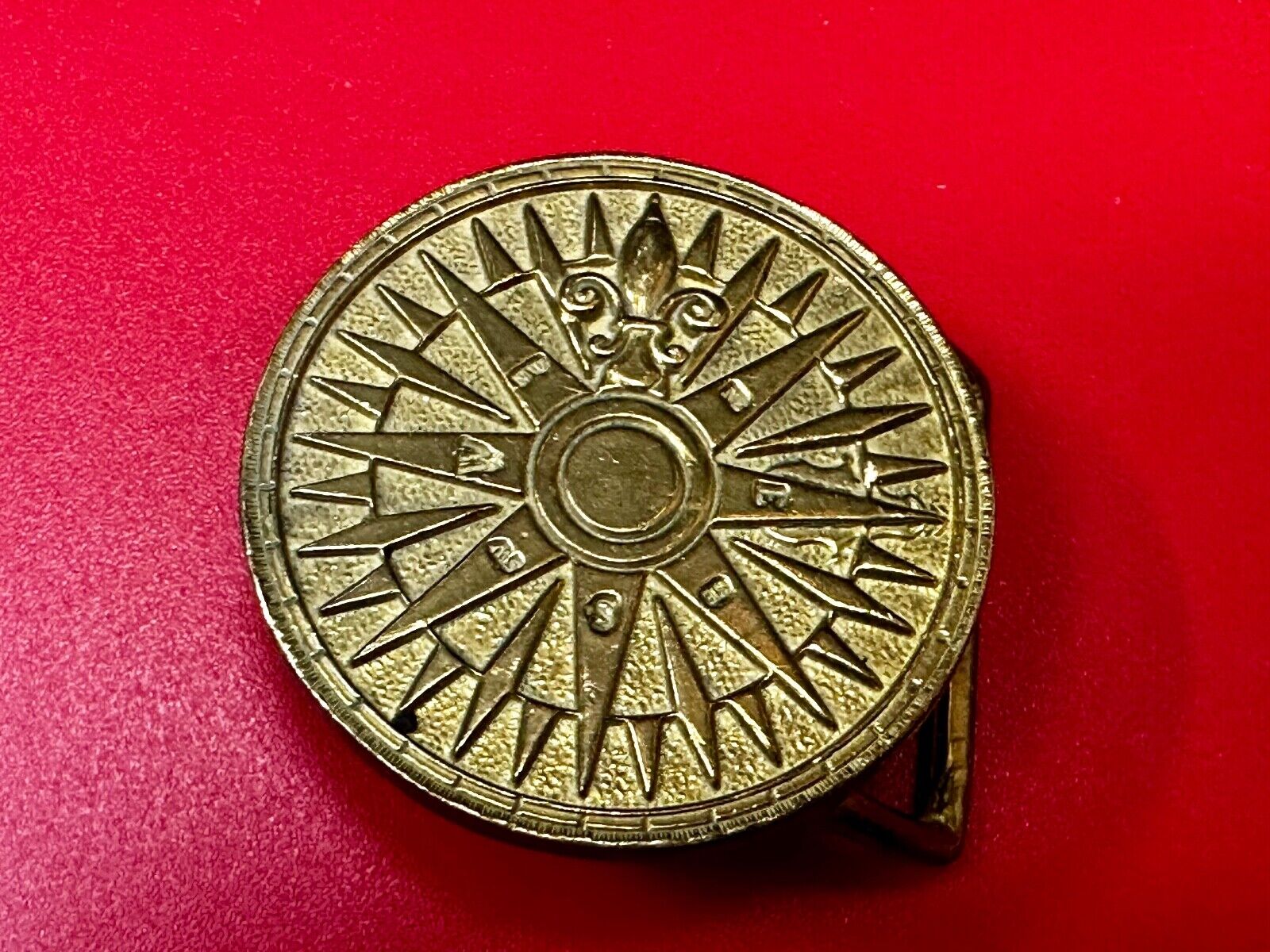 Artist Signed Fleur De Lis Compass Sun Dial Hippie Boho Solid Brass Belt Buckle