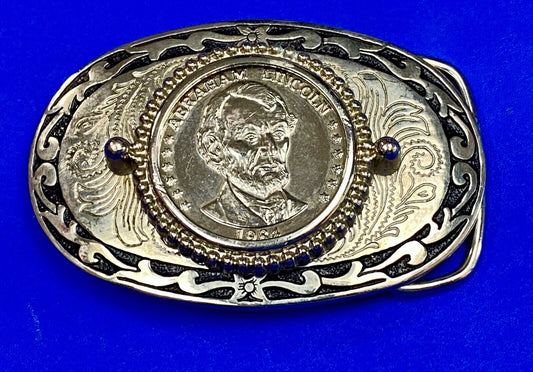 Vintage 1984 Abe Abraham Lincoln Coin centerpiece on collectors belt buckle