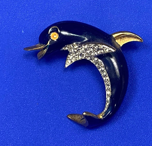 Black Curved Dolphin Enameled with Rhinestone Accents Vintage Brooch Pin