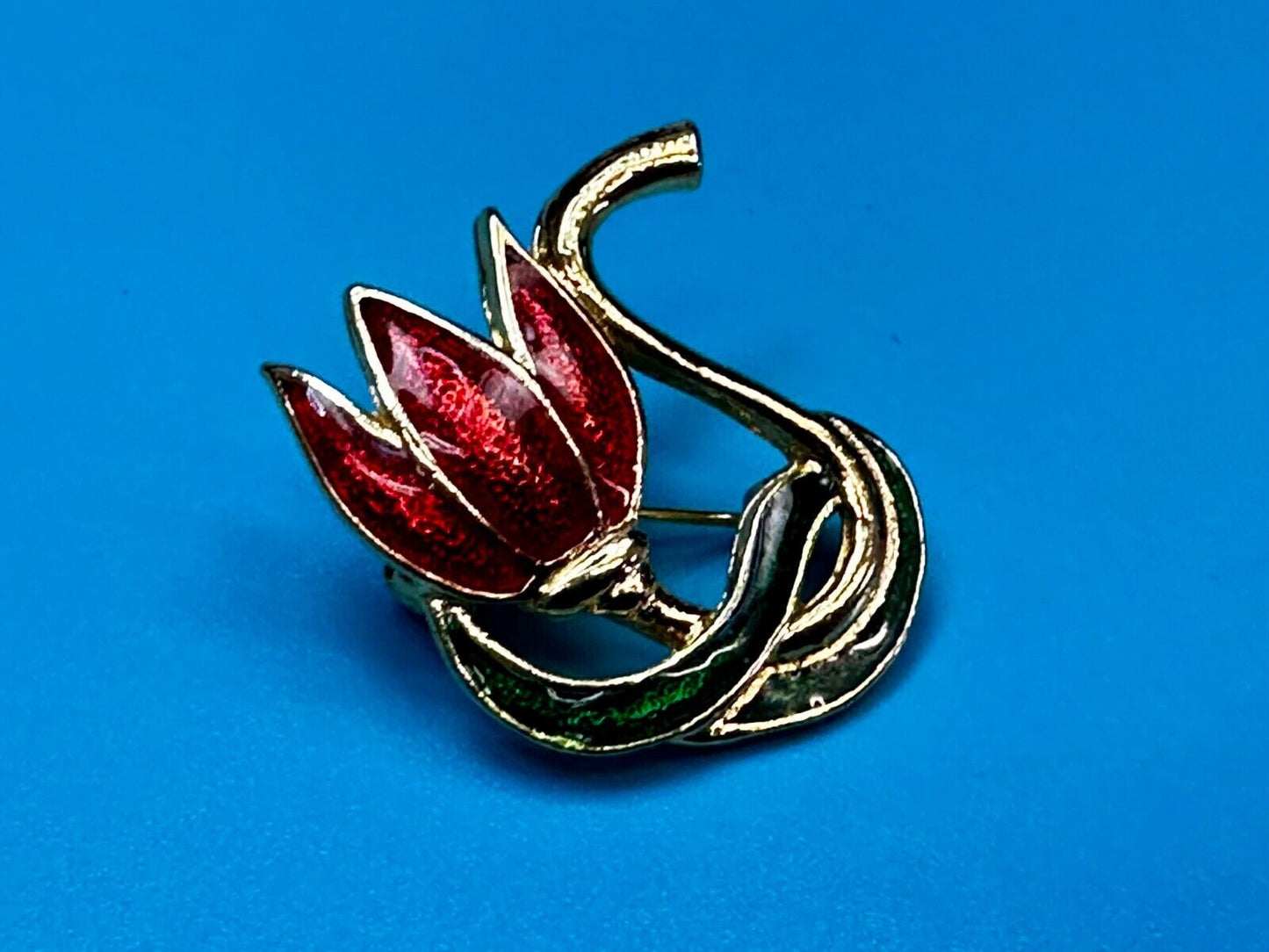 Tulip Lotus Flower Red Green Enamel Gold Tone Brooch Pin Signed by SFJ