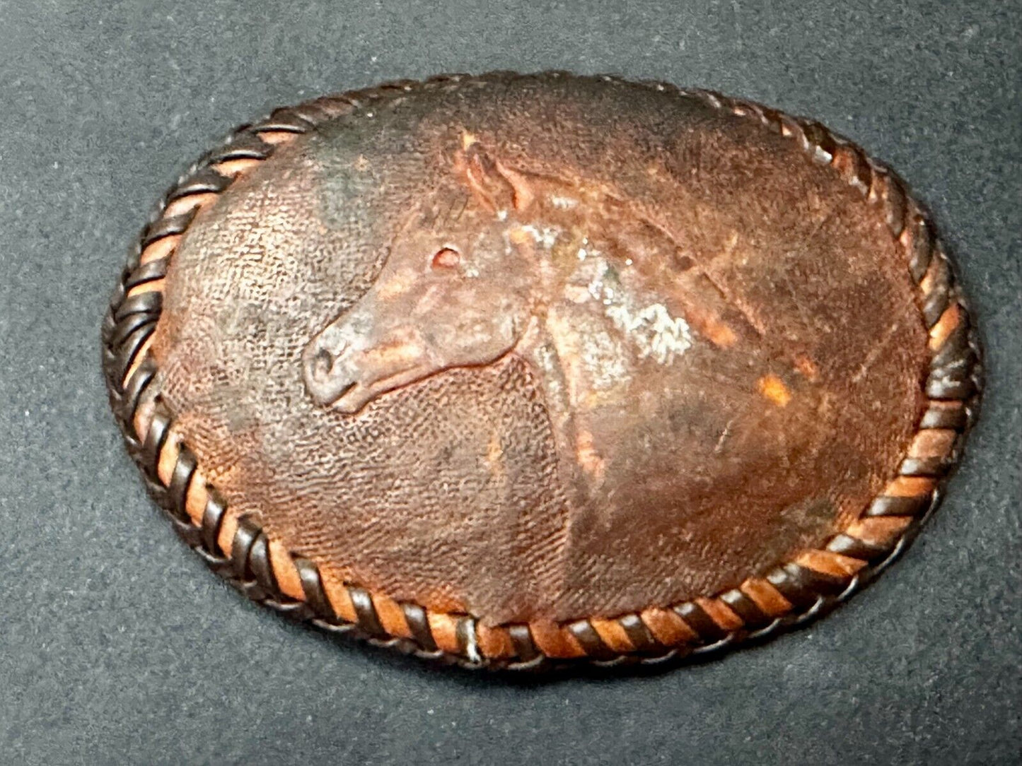 Vintage Horse Head On Brown Leather Belt Buckle to restore!