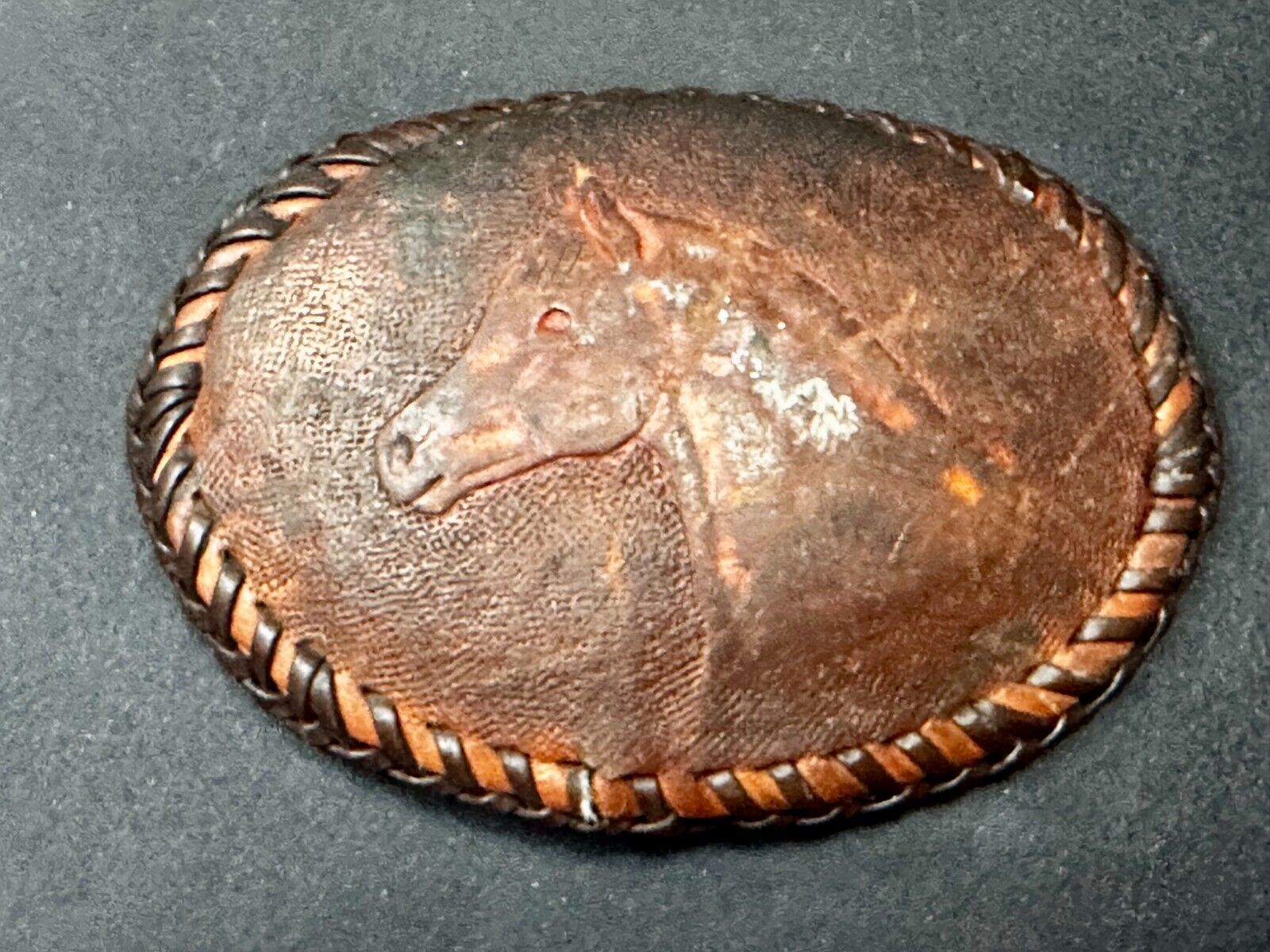 Vintage Horse Head On Brown Leather Belt Buckle to restore!