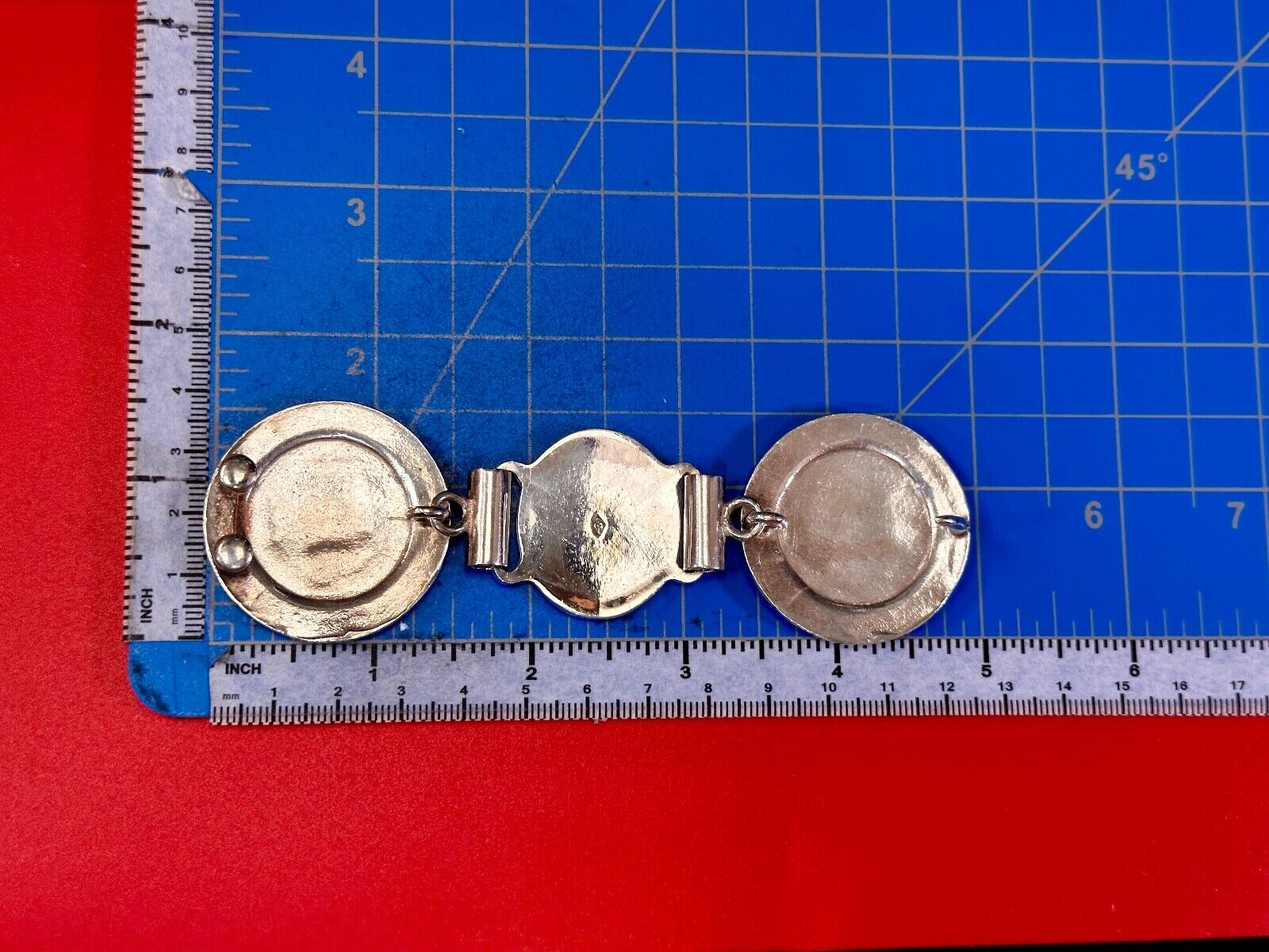 Antique 900 Silver three piece 5" wide southwest concho pattern belt buckle