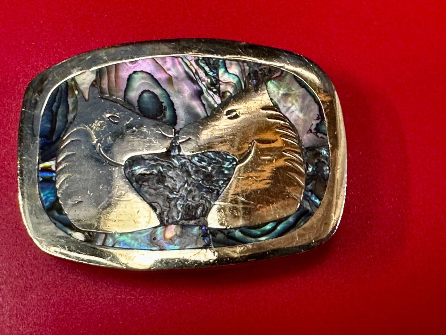 Two Horses Vintage Inlaid Alabone Shell Small Mexico Stamped Belt Buckle