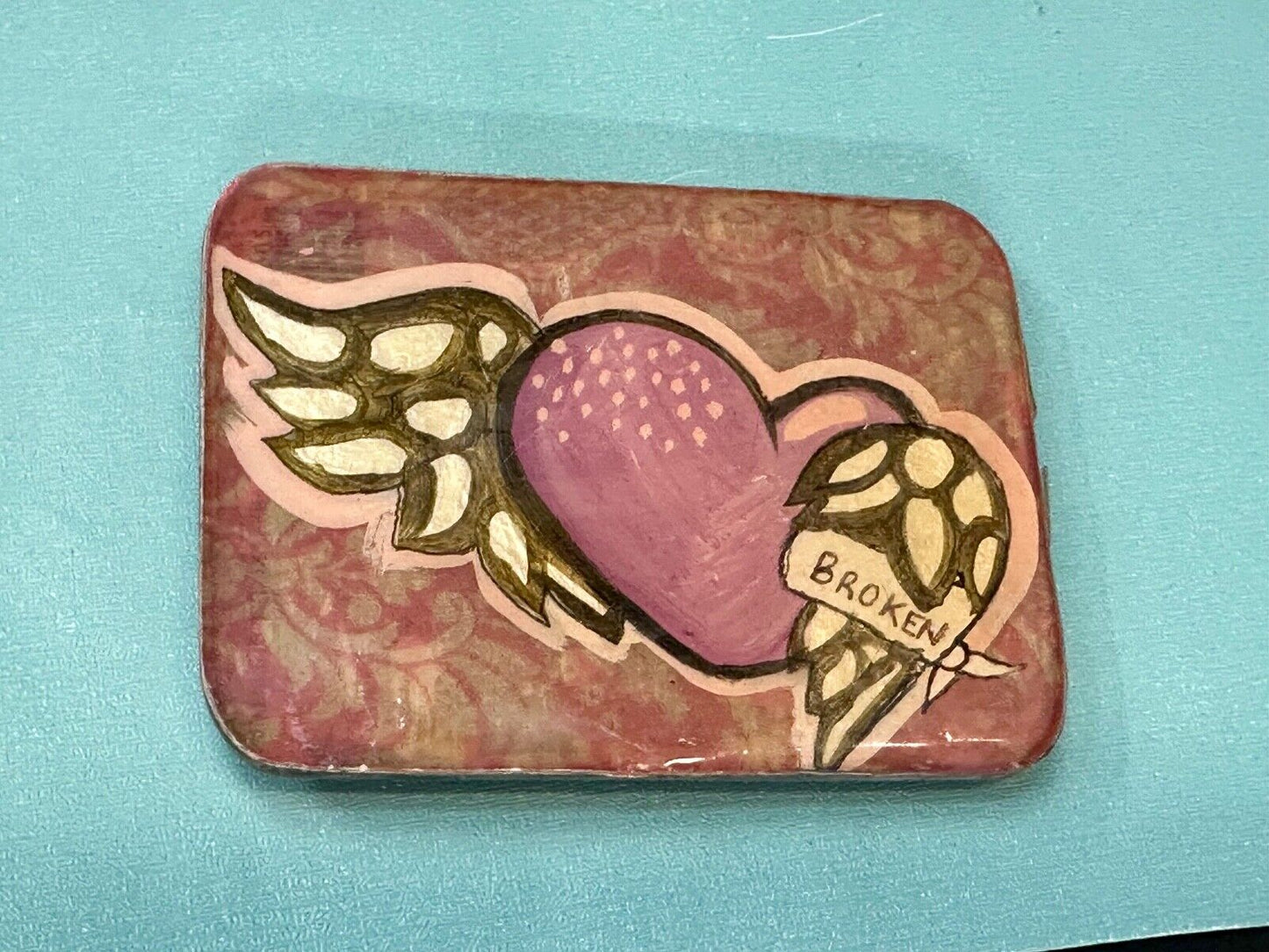 Vintage HEART with wings Mexican Collage belt buckle by artisan Nikki Zabicki