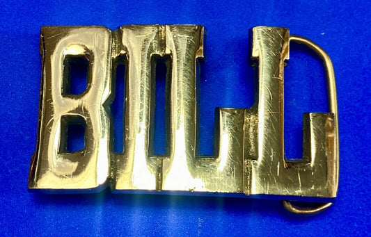 BILL - Name in Cutout block letters solid brass belt buckle stamped Taiwan ROC