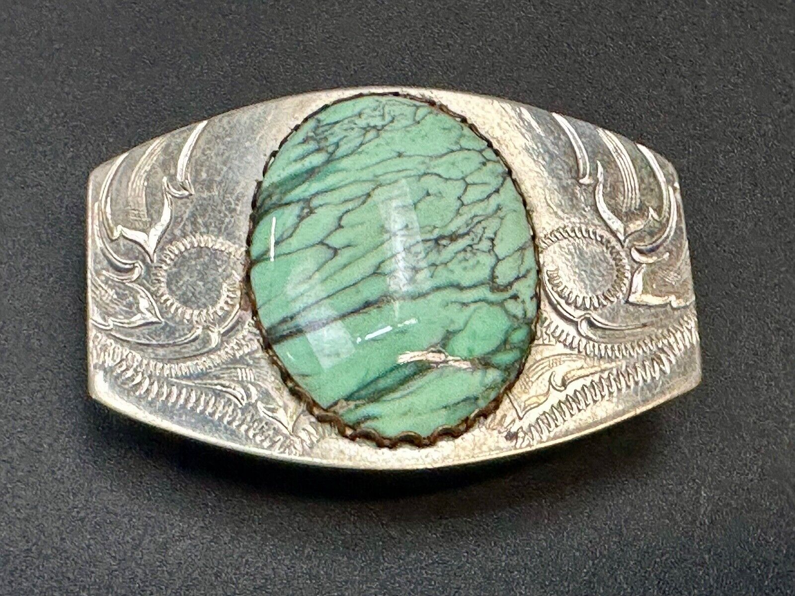 Variscite? Green  Gem Stone Cabochon Centerpiece on Nickel Silver Belt Buckle
