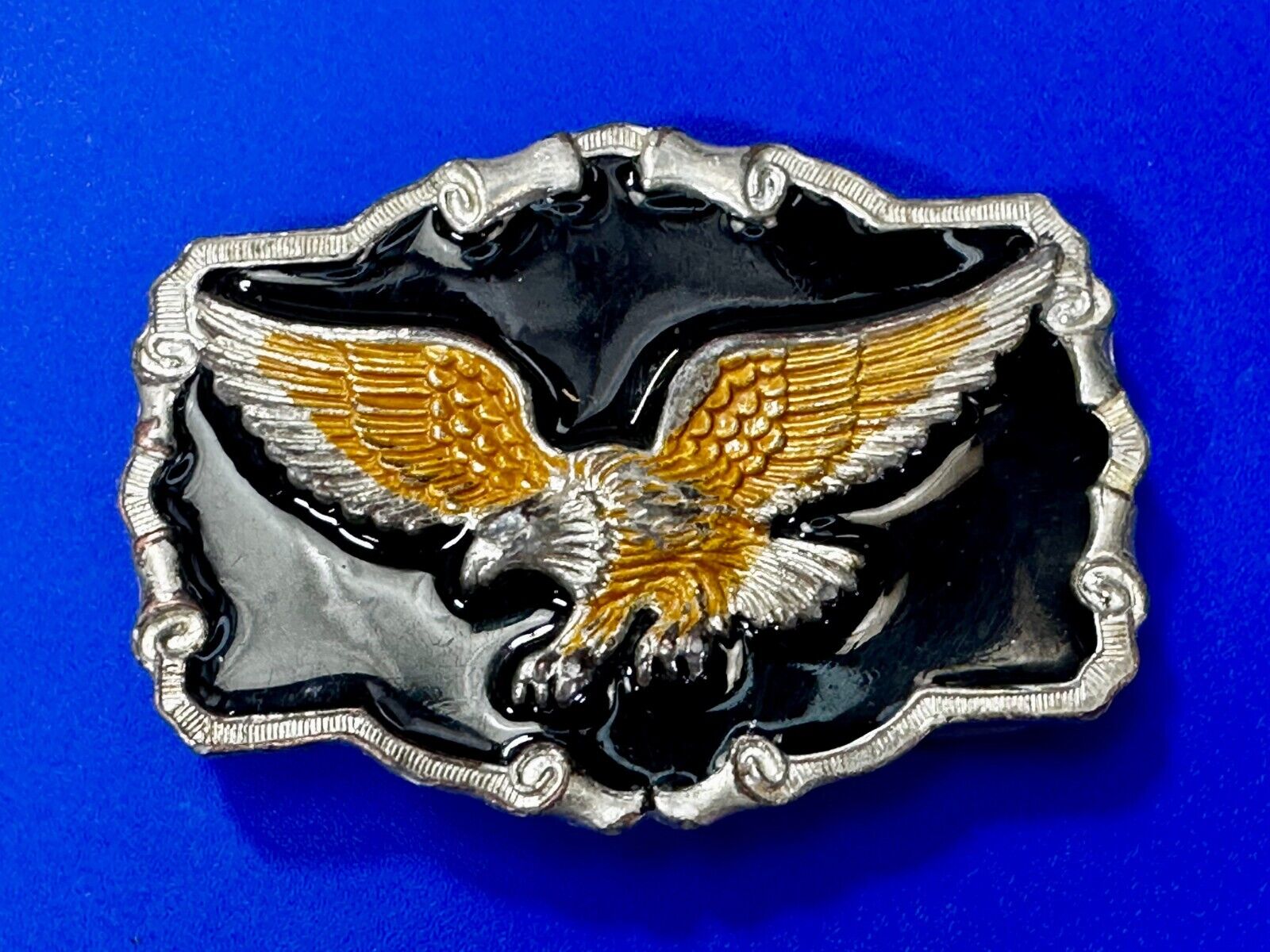 American Flying Bald Eagle Black & Gold Enamel Western Style Belt Buckle