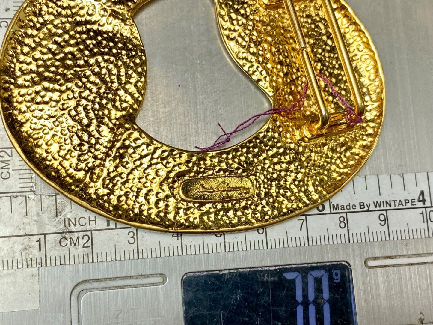 Artist Ginnie Johansen signed gold color abstract oval belt scarf slide