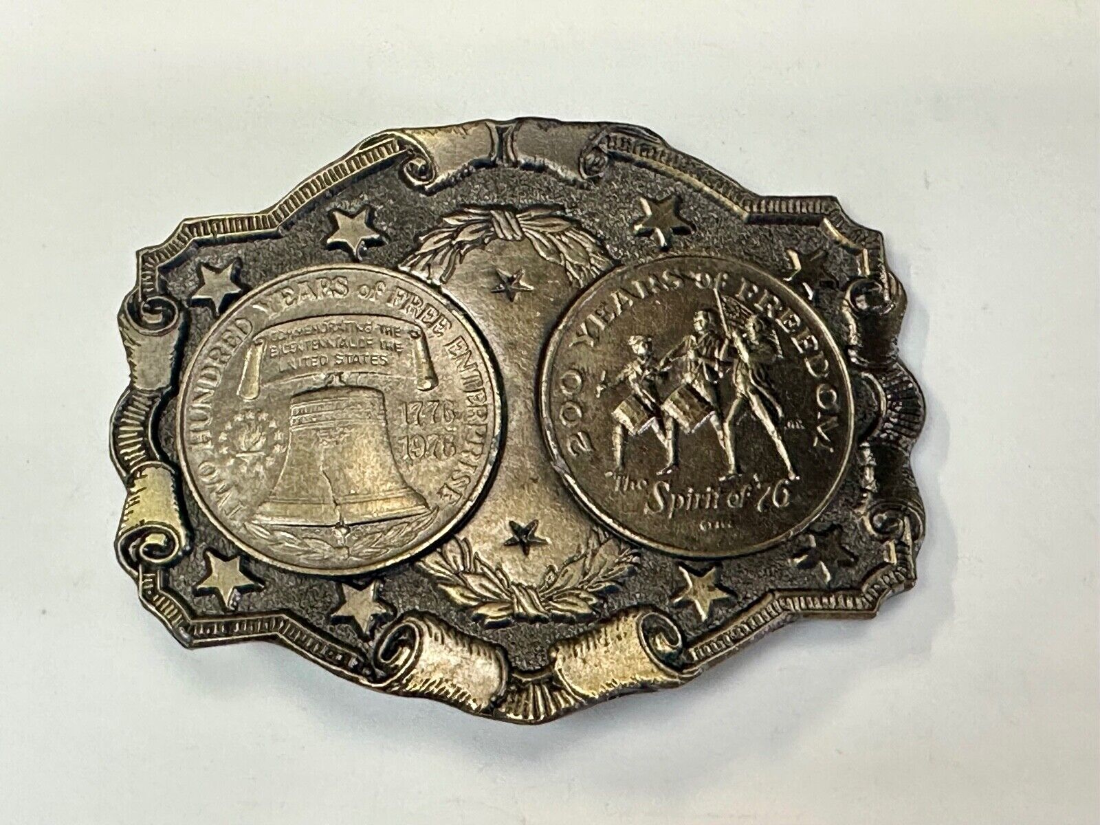 Two Coins Spirit of 76, Liberty Bell Patriotic America Vintage Lewis Belt buckle