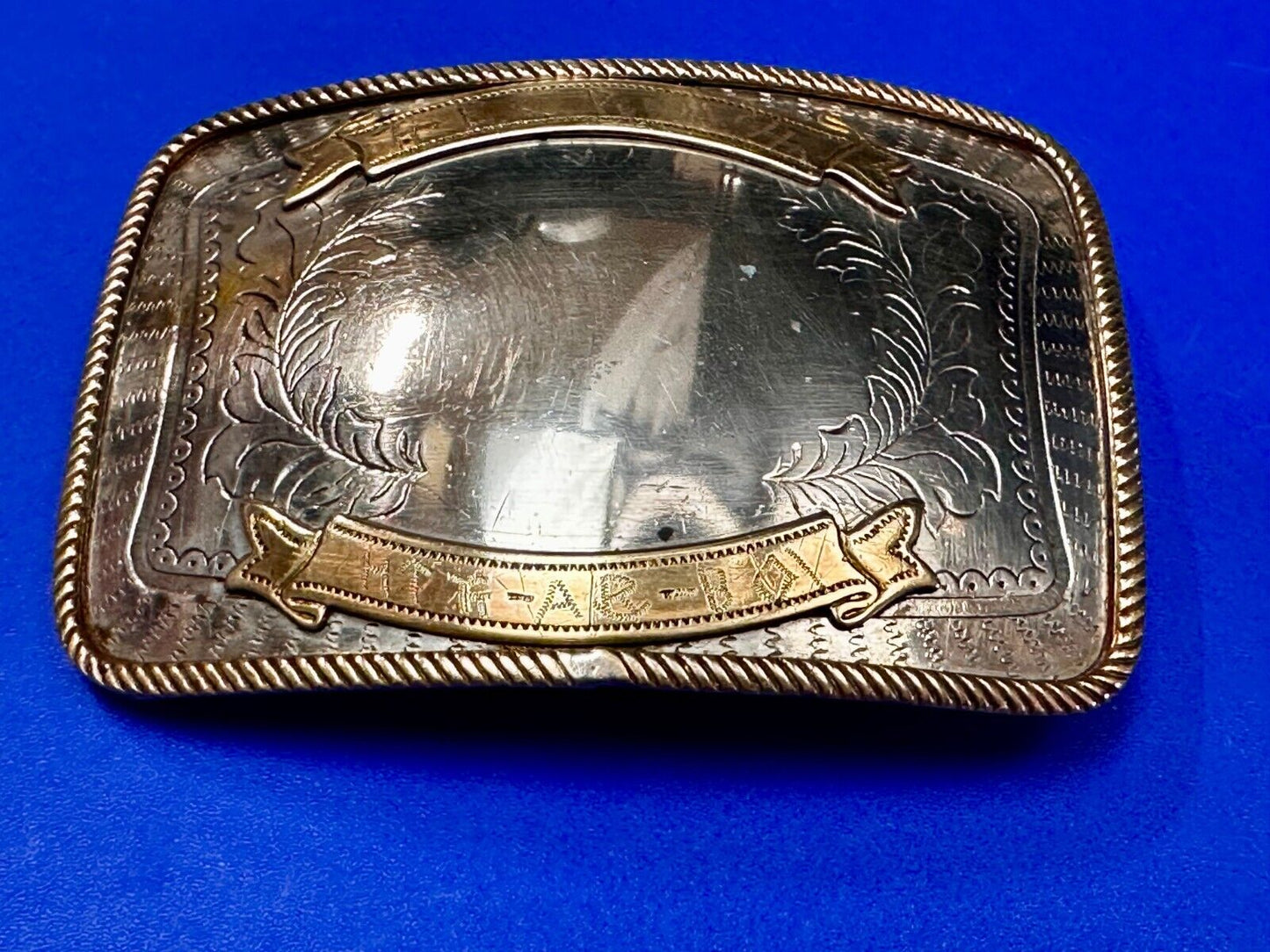 Vintage  E.C Pena Blank Ribbon Engraved Award Trophy Nickel Silver Belt Buckle