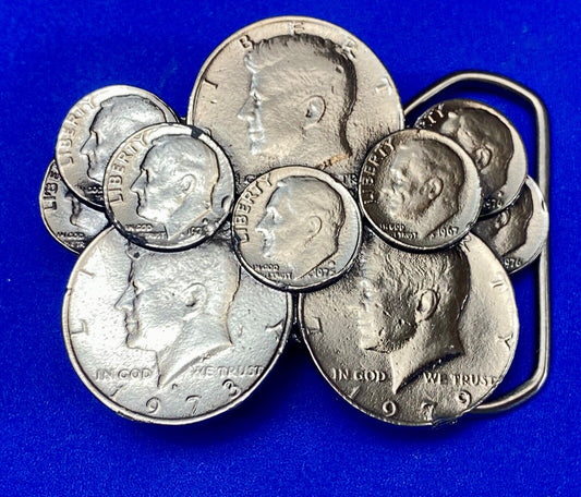 Vintage Coin Collectors Cluster figural 1979 Liberty JFK dimes belt buckle