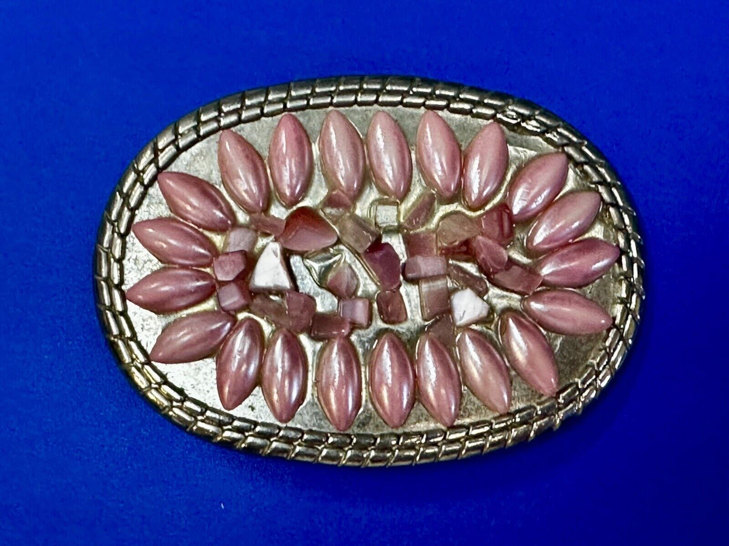 Artisan Made Pink Stones? on silver tone oval western Belt Buckle