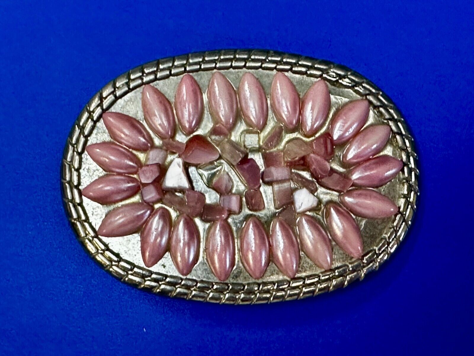 Artisan Made Pink Stones? on silver tone oval western Belt Buckle