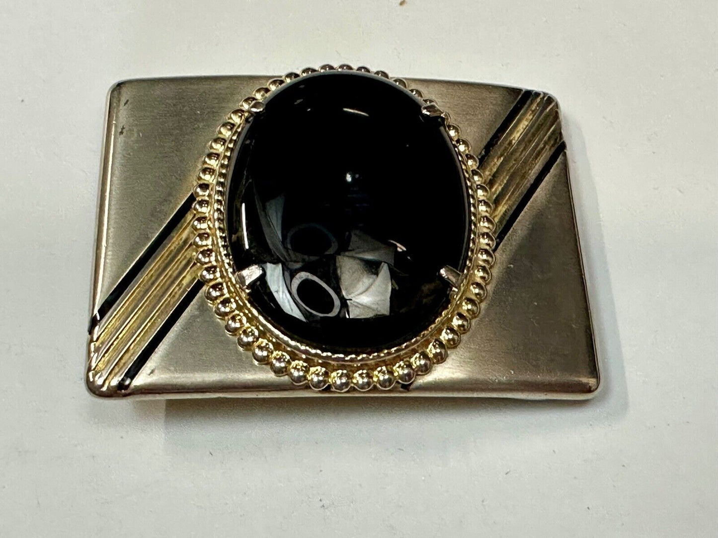 BALCK AGATE Cabochon Stone Centerpiece on retro sideways striped Belt Buckle