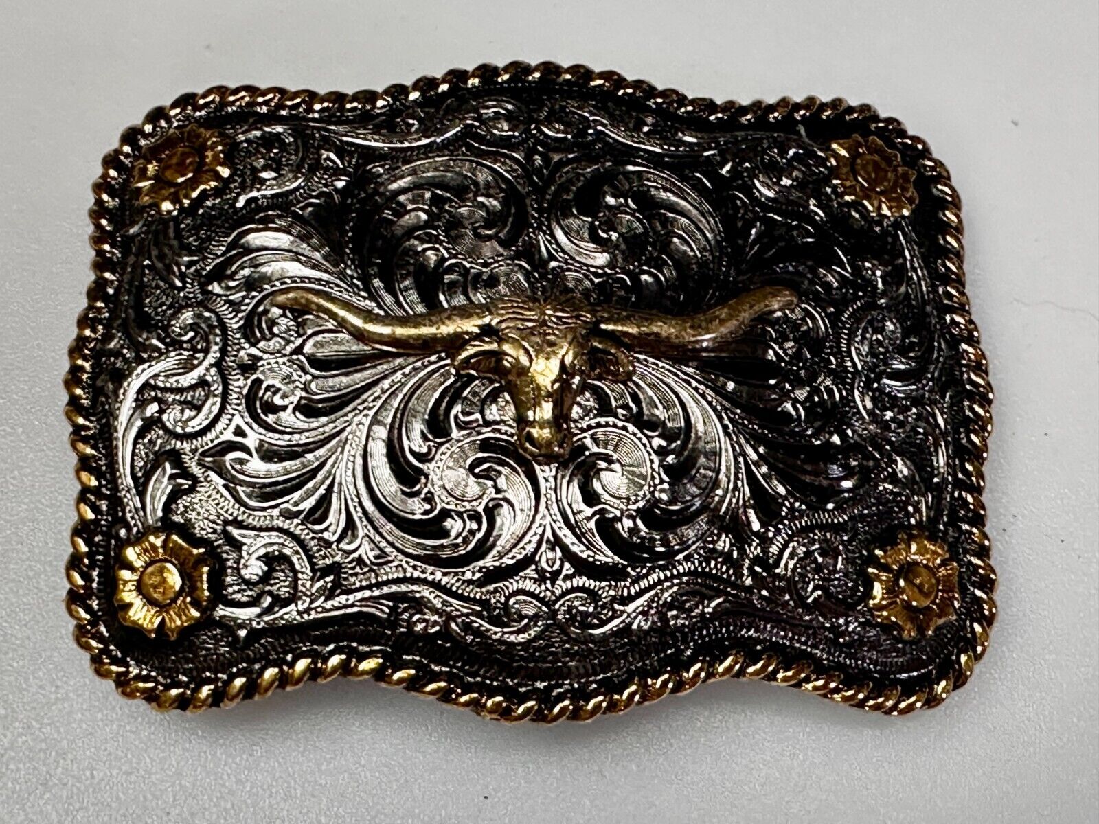 Texas Longhorn Centerpiece Two Tone Ornate Floral Themed Belt Buckle