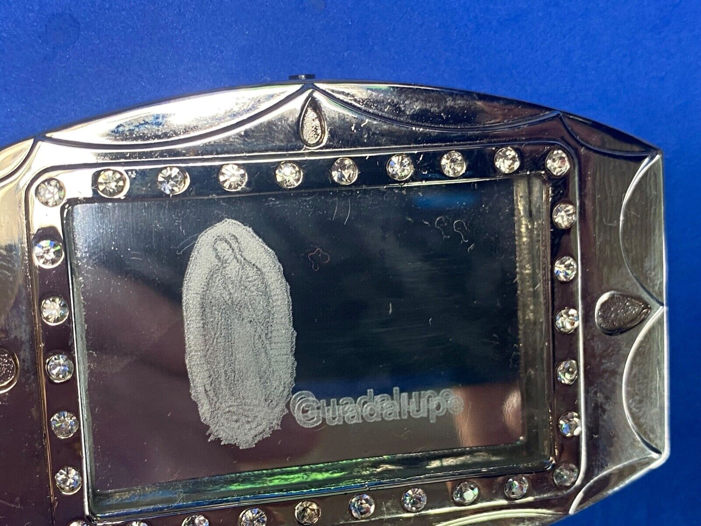 unique Mirrored Guadalupe with rhinestones silver color Hologram belt buckle