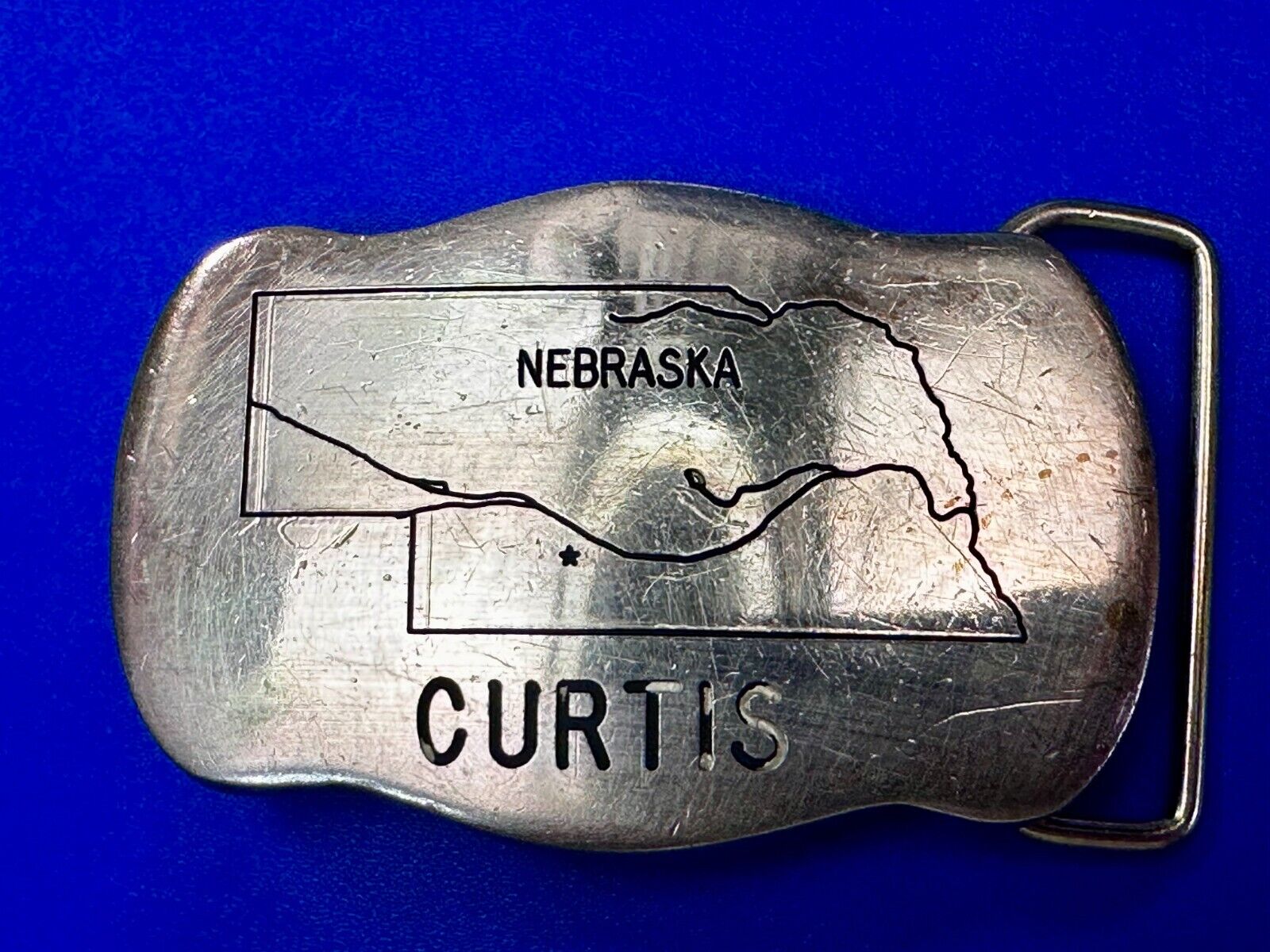 The Great States of NEBRASKA Map City of Curtis Commemorative Brass Belt Buckle