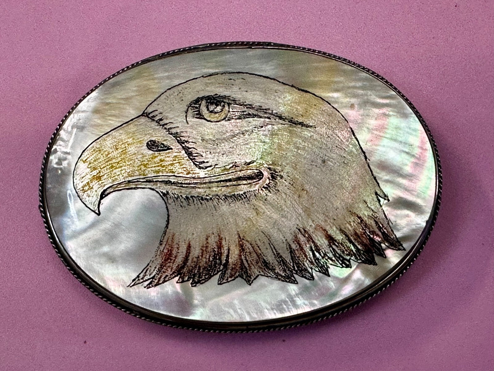 American Bald Eagle Handmade On Mother Of Pearl Shell Belt Buckle - Hallmarked M