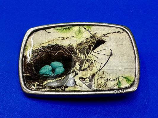 Birds Nest Blue Egg Art Inspired Nature Scene Rectangular Vintage Belt Buckle