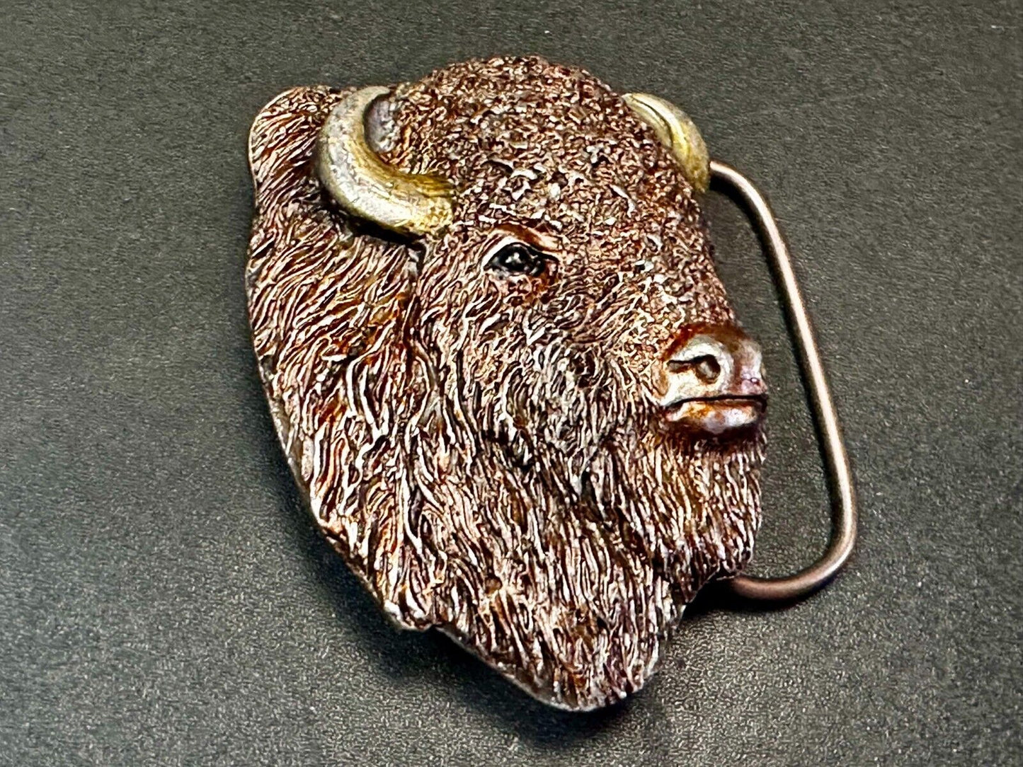 Bison Buffalo Grazing Bull Head Belt Buckle 1999 by Bergamot Brass Works # 1-144