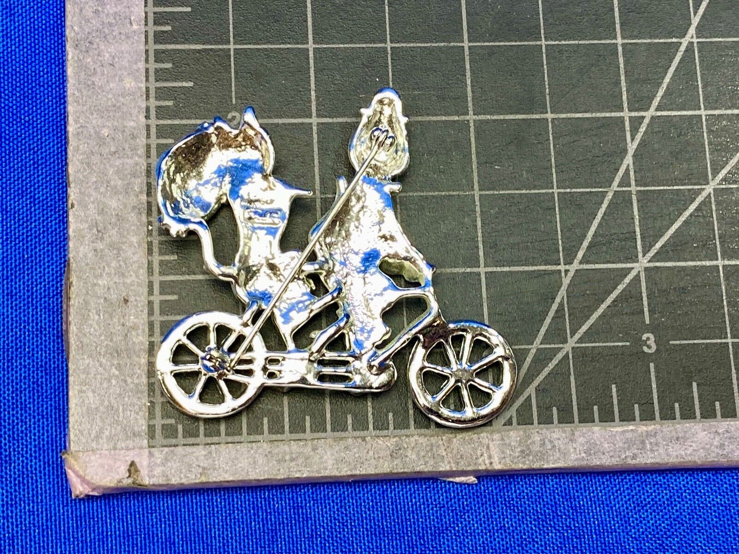 Vintage AJC Two Cats Riding Bicycle  with Umbrella Silver Tone Brooch Pin