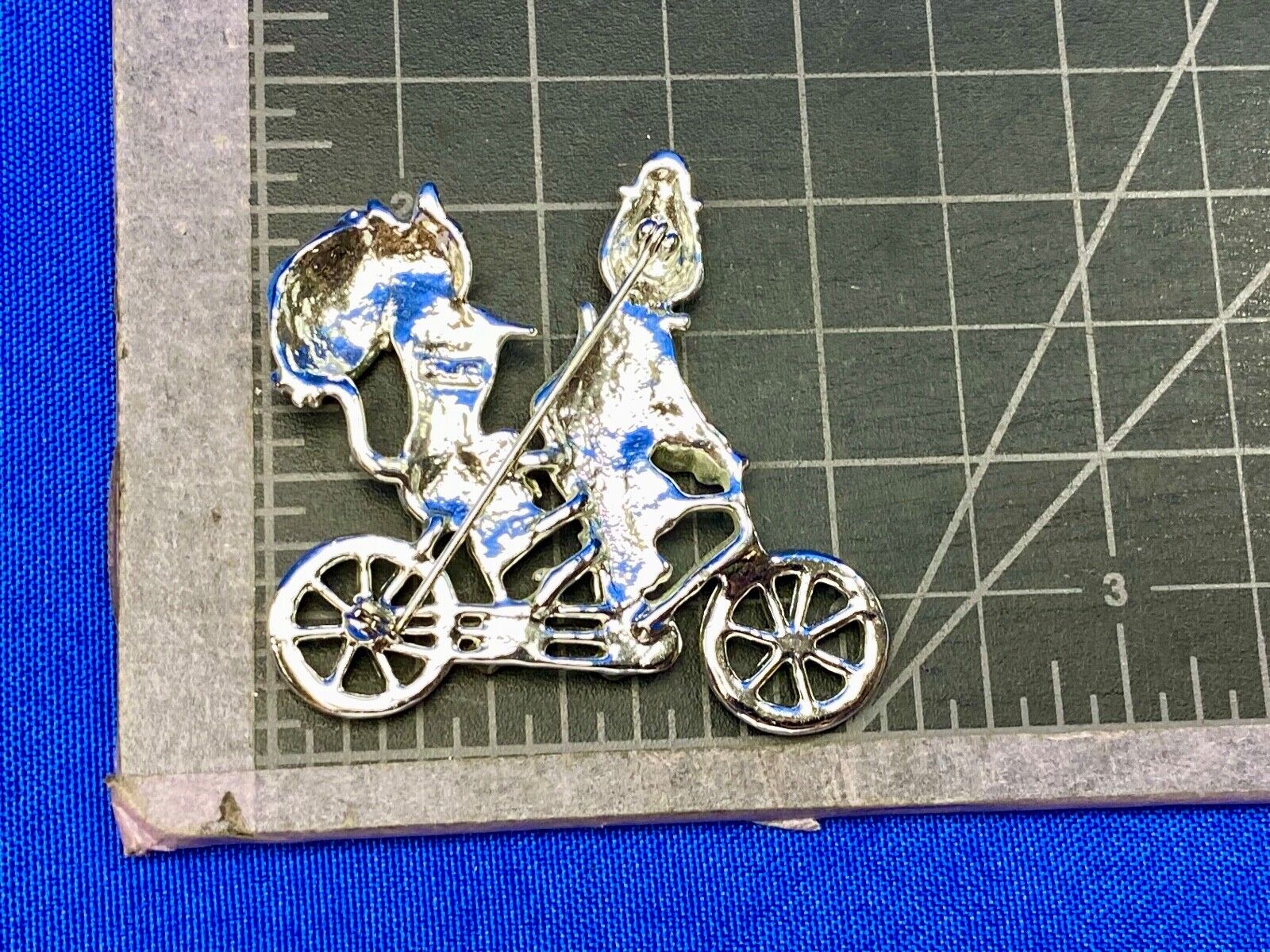 Vintage AJC Two Cats Riding Bicycle  with Umbrella Silver Tone Brooch Pin