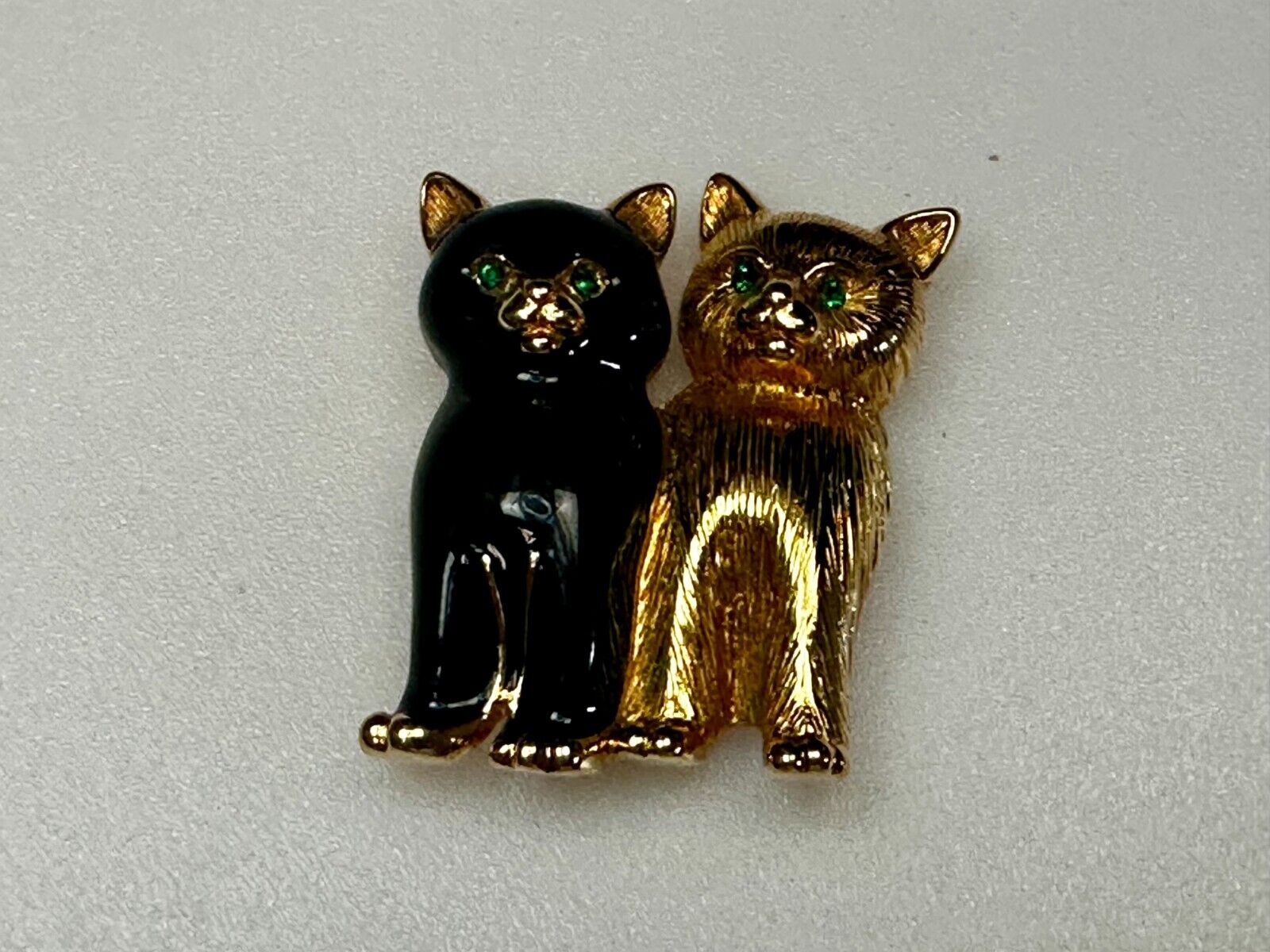 Two Sitting Cats Green Eyes, Black & Gold Kittens Brooch Pin Signed Swarovski