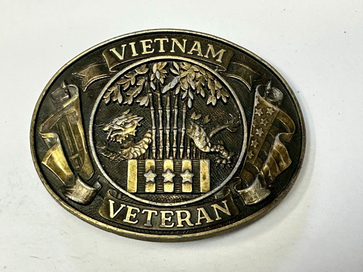 Vietnam Veteran Dragon Bamboo & Flag's Vsm Service Medal Logo Belt Buckle