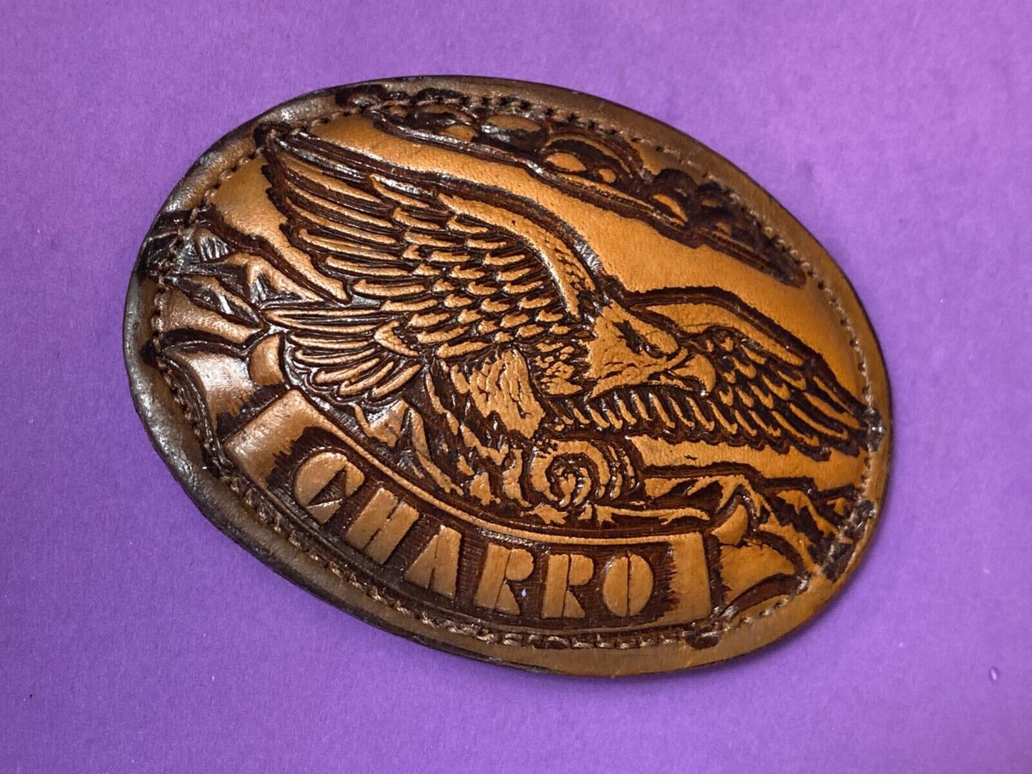 920 Charro - Hunting Eagle claws out - Vintage large oval leather belt buckle