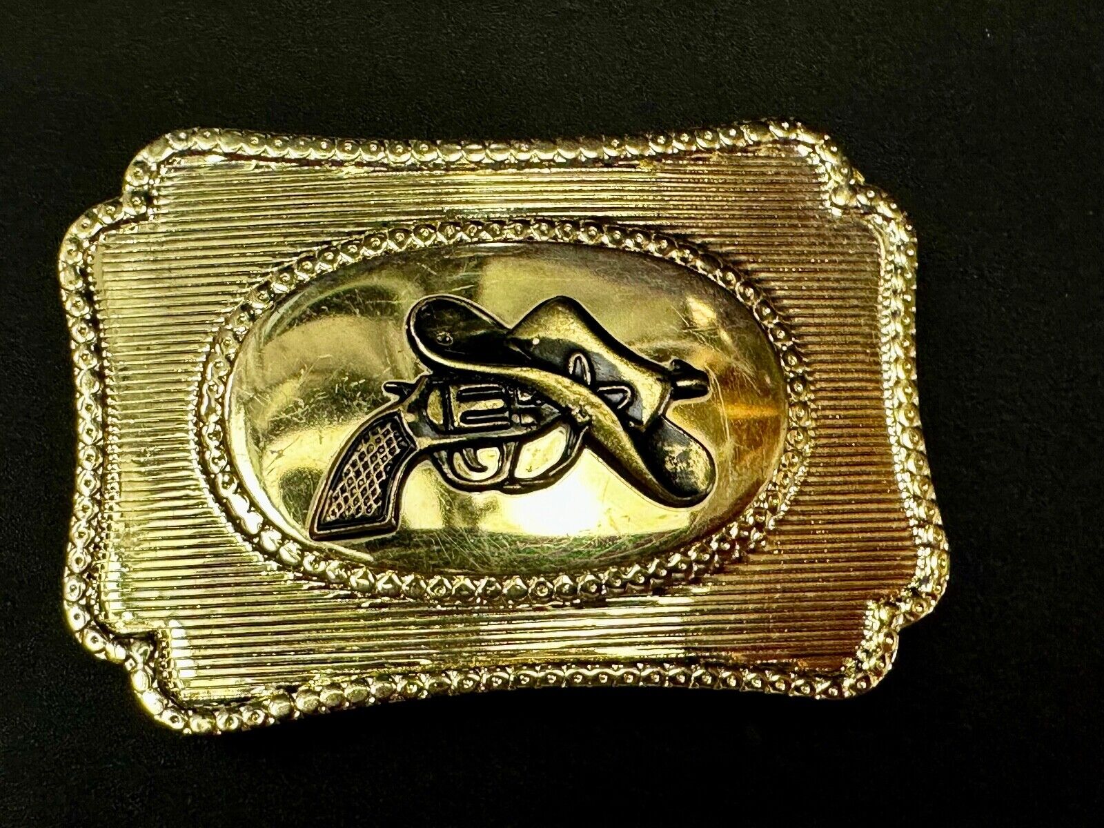 Vintage Cowboy Hat & Revolver Pistol Western Belt Buckle Cap Gun Buckle