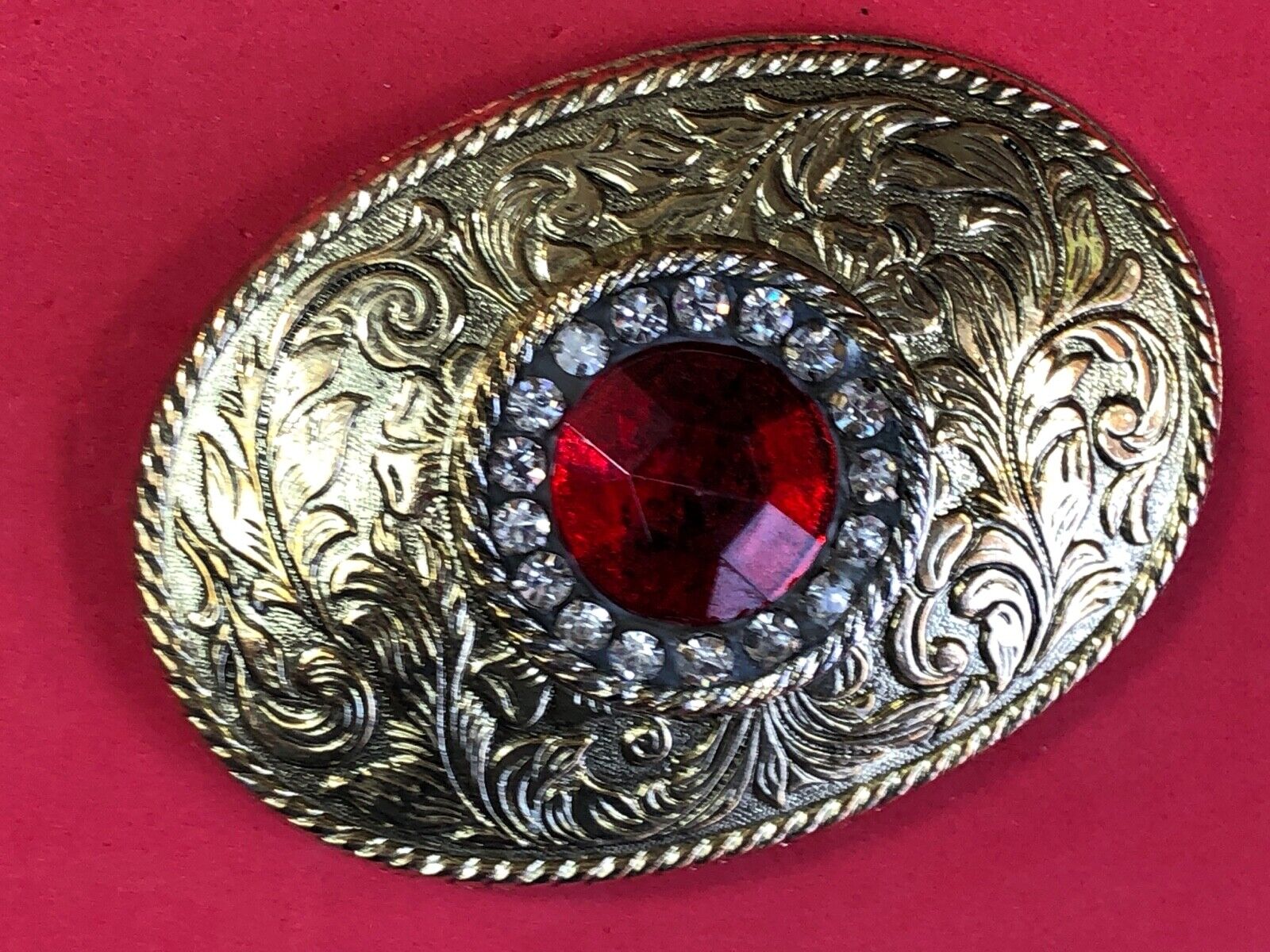 Unknown -  QUALITY Red Rhinestones?  centerpiece western belt buckle 