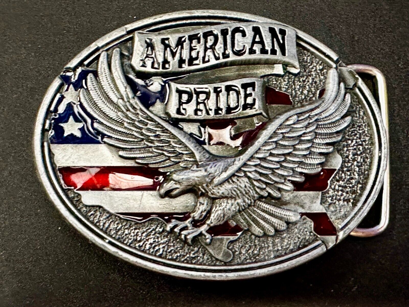 American Pride -Soaring Flying Eagle USA Flag Silver Color Patriotic Belt Buckle