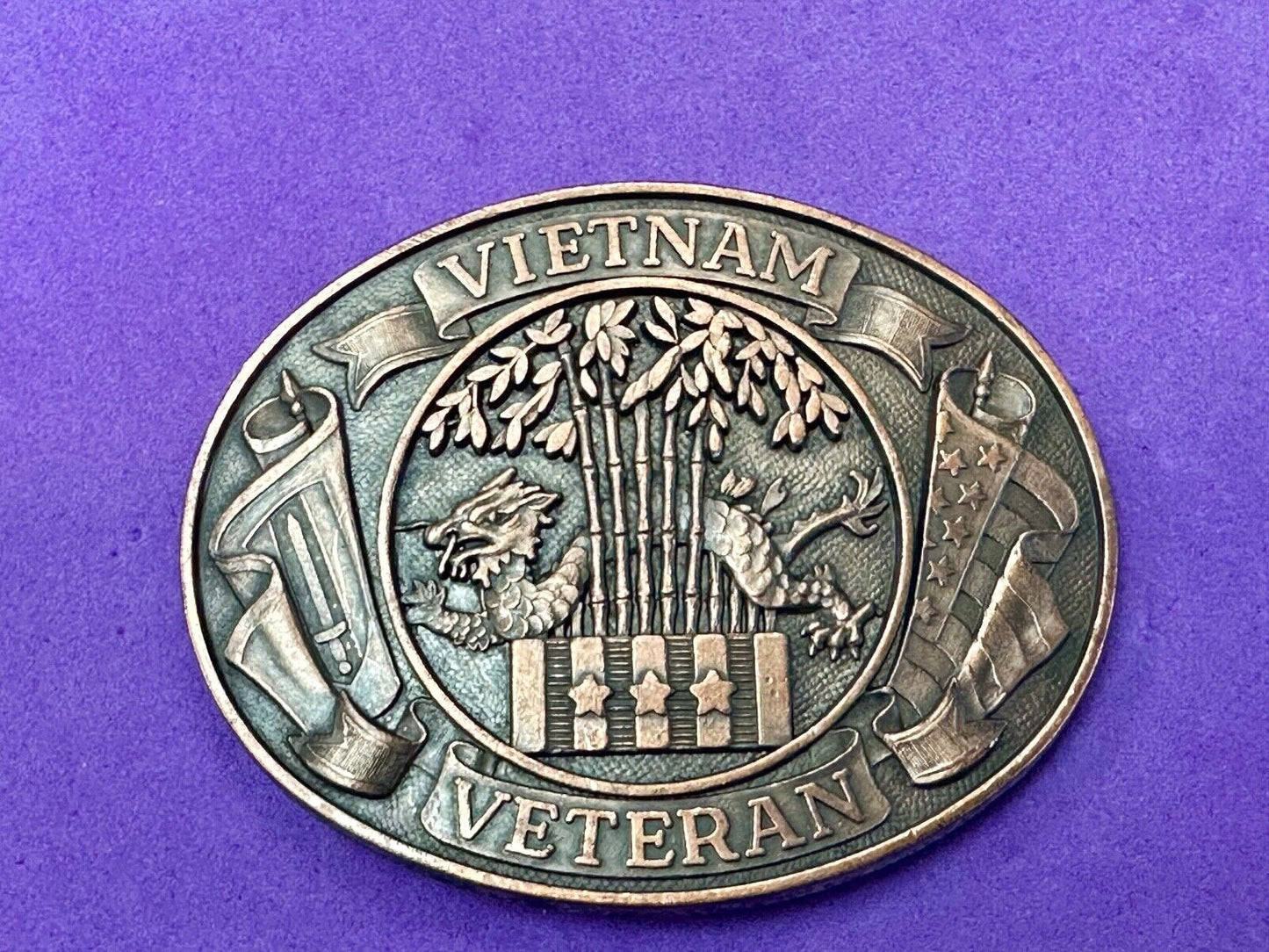 Vietnam War Veteran - vintage dragon, Patriotic American Flag oval belt buckle