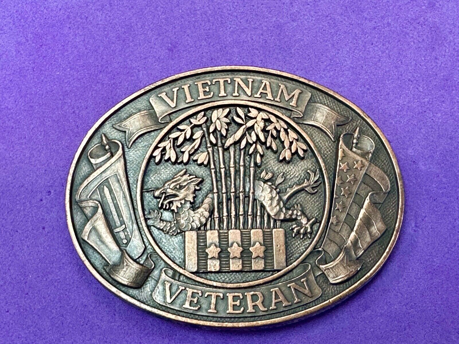 Vietnam War Veteran - vintage dragon, Patriotic American Flag oval belt buckle