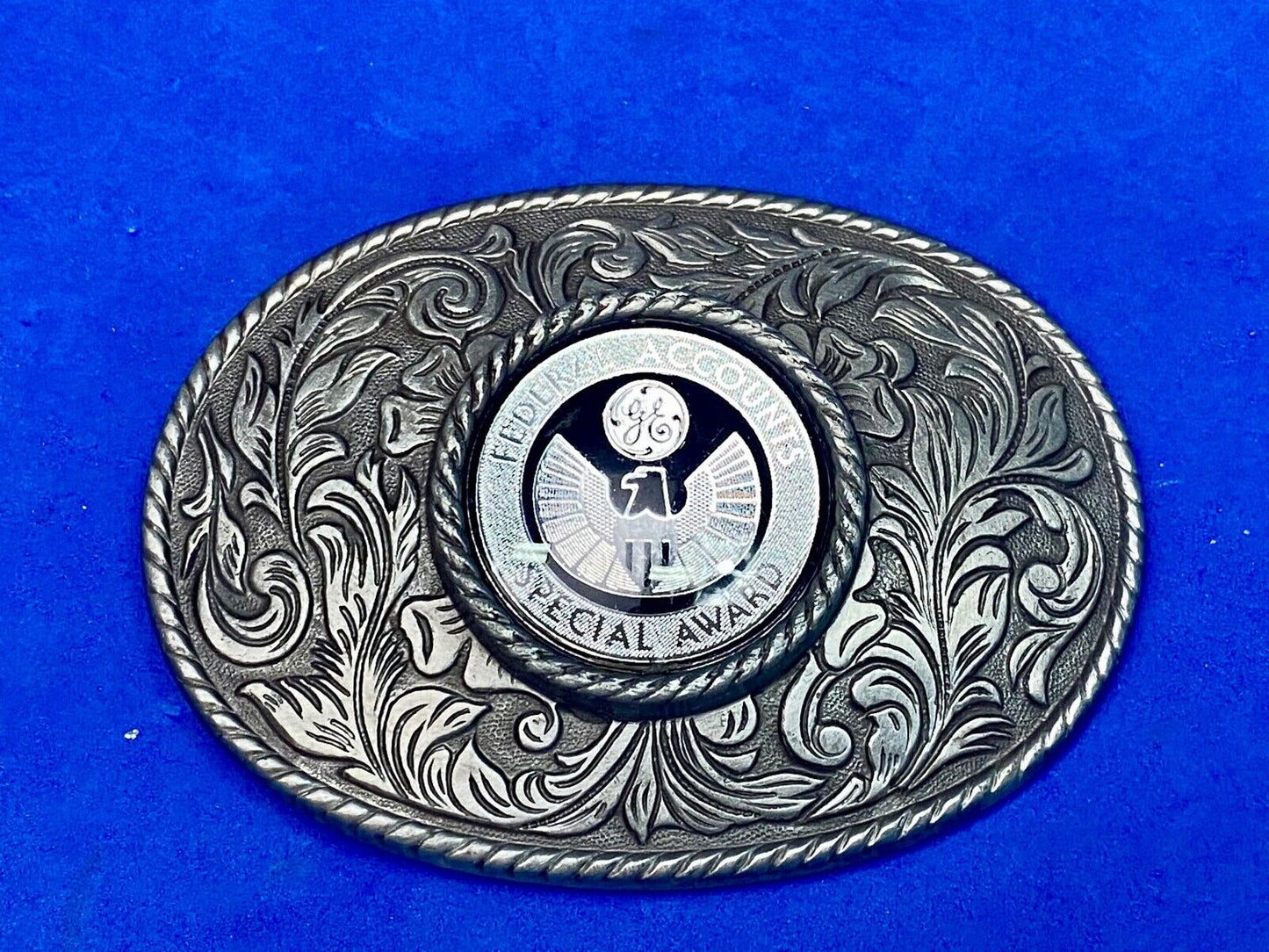 Vintage Ge Federal Accounts Special Award Centerpiece Western Ornate Belt Buckle