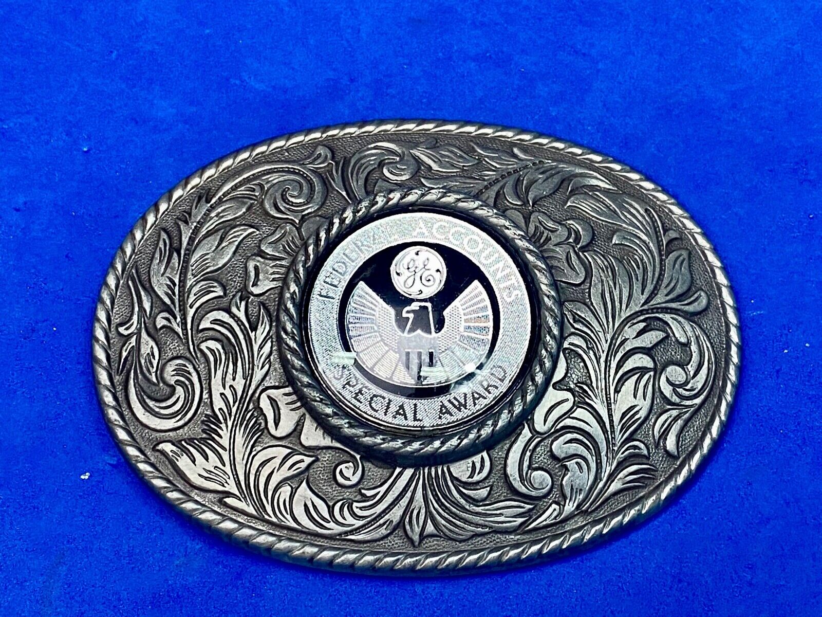 Vintage Ge Federal Accounts Special Award Centerpiece Western Ornate Belt Buckle