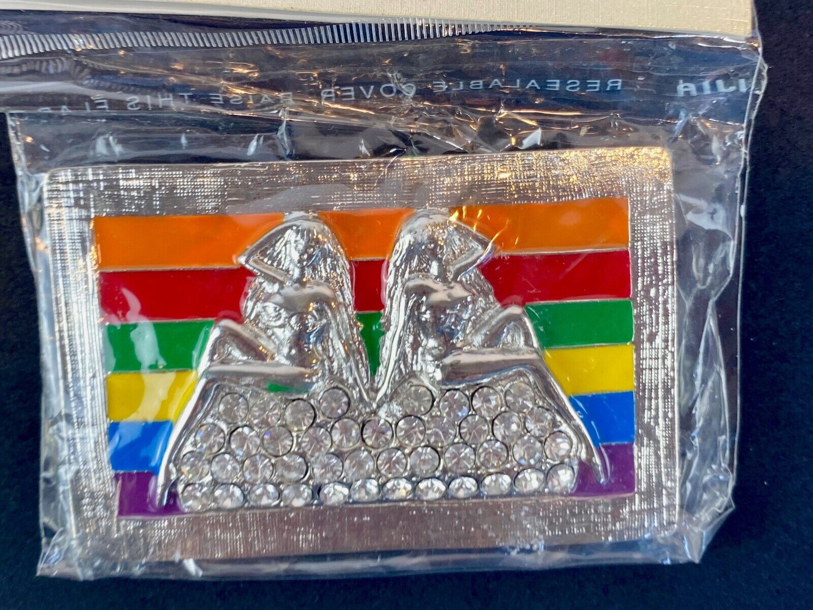 Two women on mound of rhinestones Rainbow colors belt buckle - lgbt lesbian