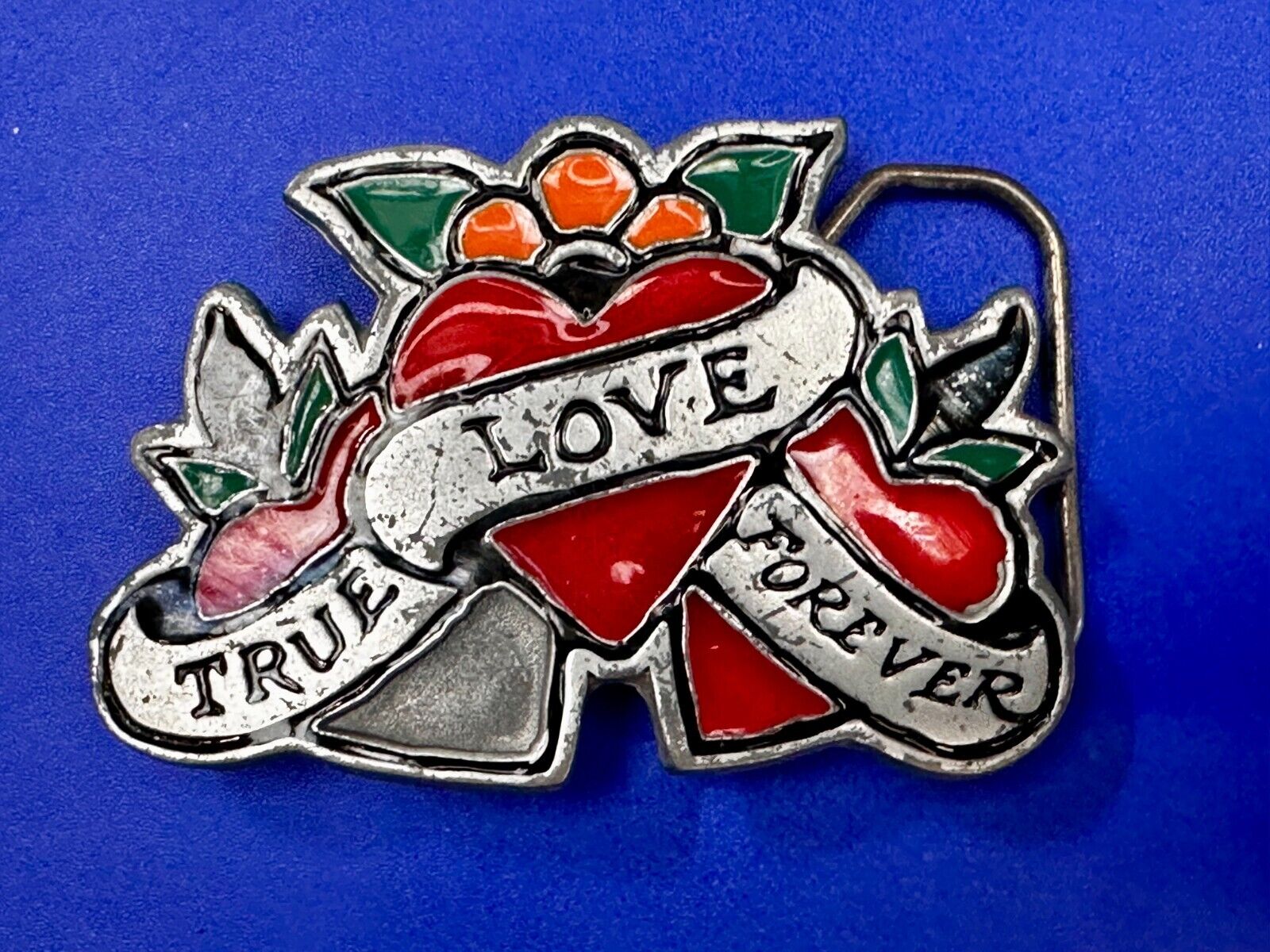 True Love Forever Three Hearts Ribbon Vintage Sailor Jerry Belt Buckle