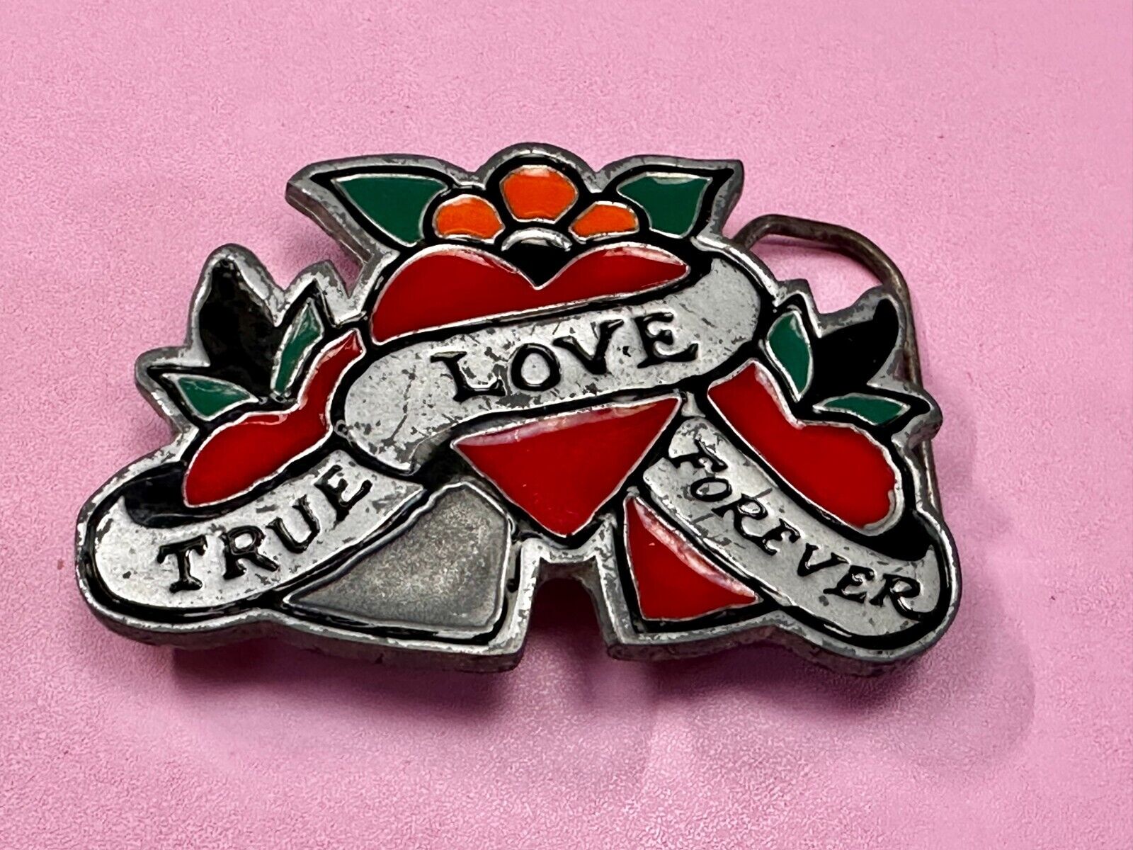True Love Forever Three Hearts Ribbon Vintage Sailor Jerry Belt Buckle