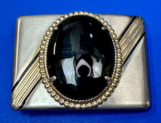 BALCK AGATE Cabochon Stone Centerpiece on retro sideways striped Belt Buckle