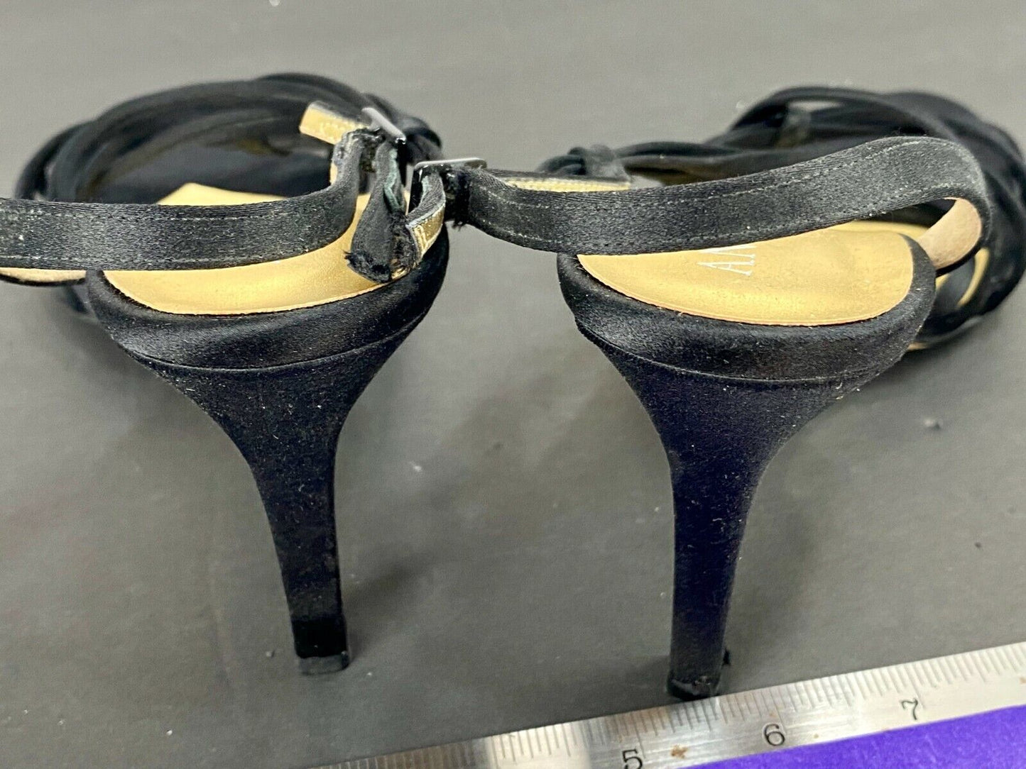 ANNE KLEIN Black Satin Strappy Dress 4" Heels Sandals Stiletto 8 M