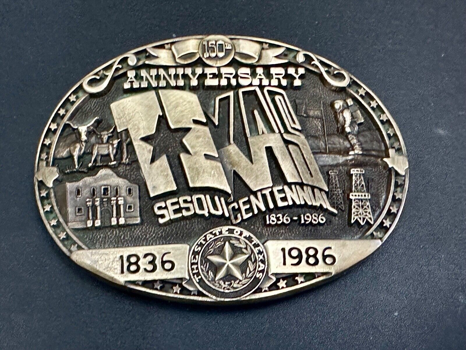 Texas Sesquicentennial 150 year celebration solid brass ADM belt buckle