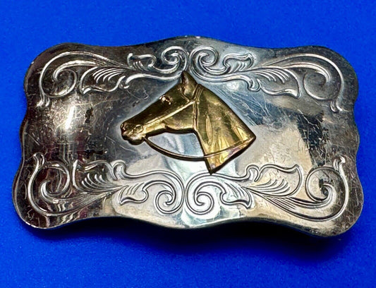 Vintage Chambers nickel silver Horse head centered on western belt buckle