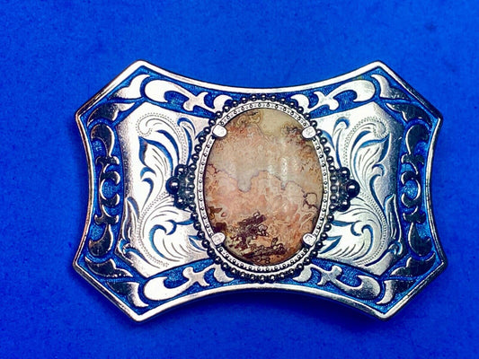 Unique Oval Cabochon Stone Centerpiece On Silver & Blue Color Belt Buckle
