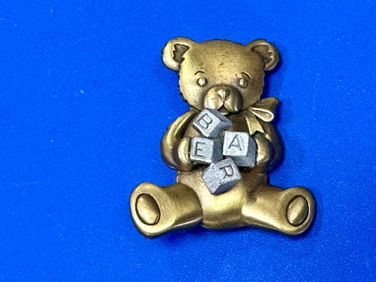 Adorable Two tone Teddy Bear with blocks JJ Signed vintage brooch pin
