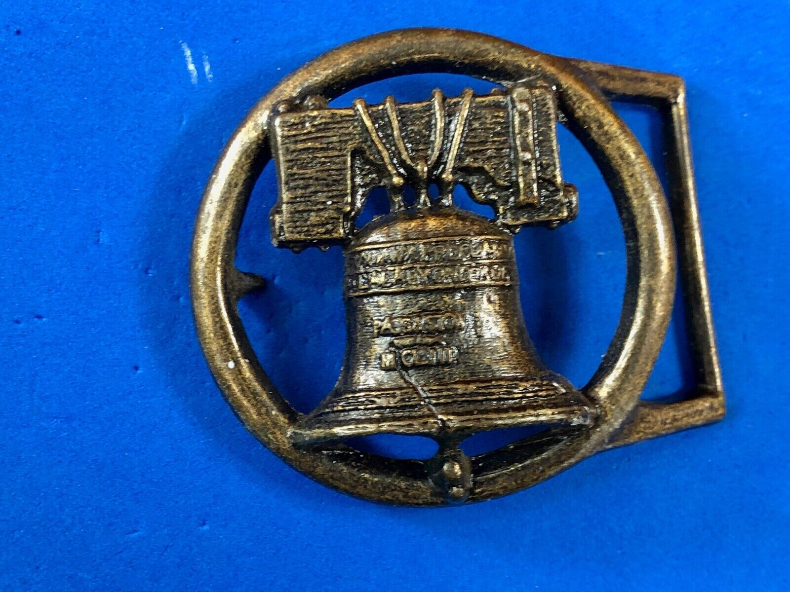 Vintage Figural Cut out Round Skeleton Liberty Bell Belt Buckle 